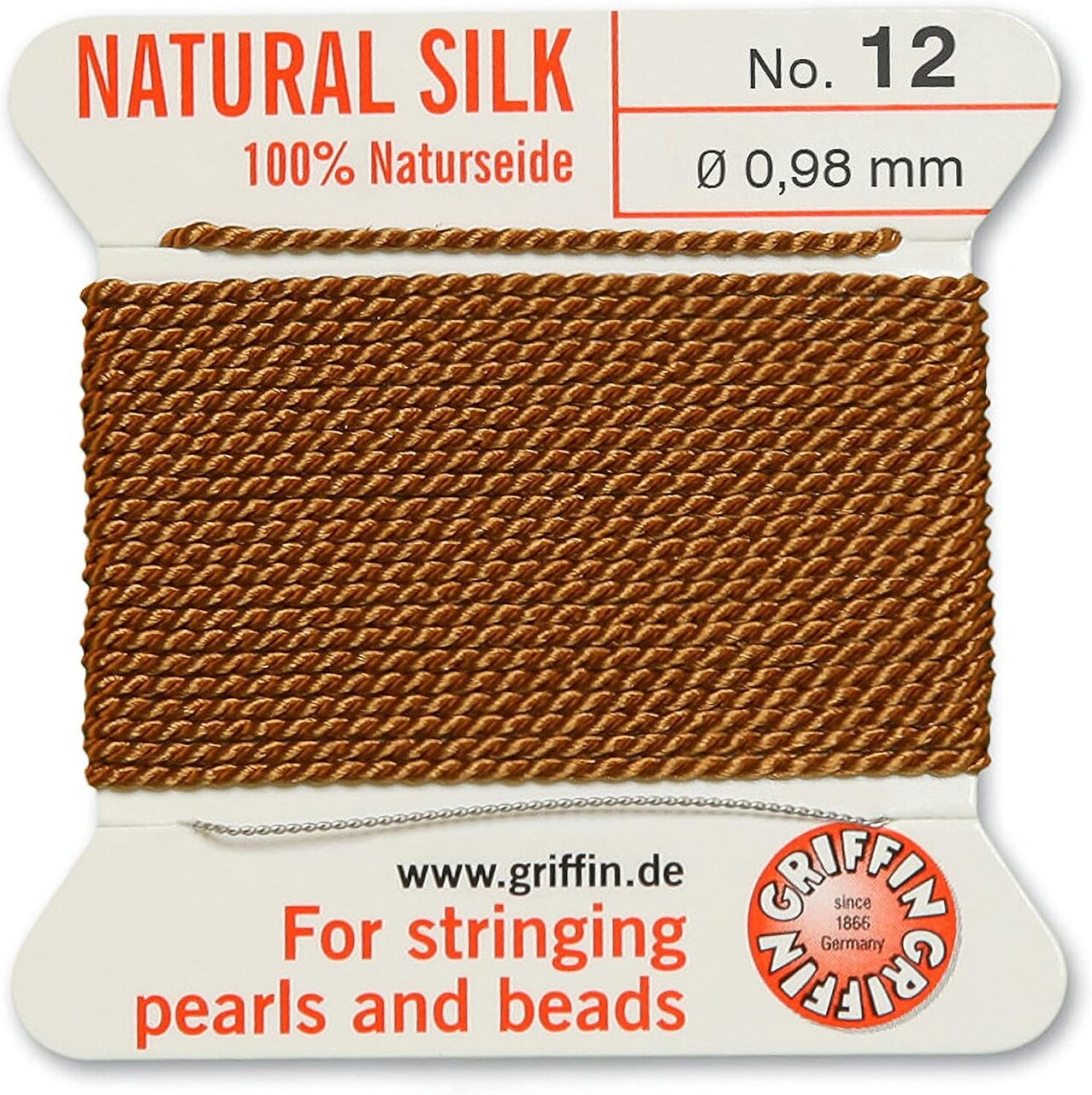 Griffin Silk Bead Cord Perlseide – Size 12 (0.98mm) – 2 Meters per Card – Stainless Steel Needle Attached – for Knotting Pearls, Gemstones, Crystals and Beads